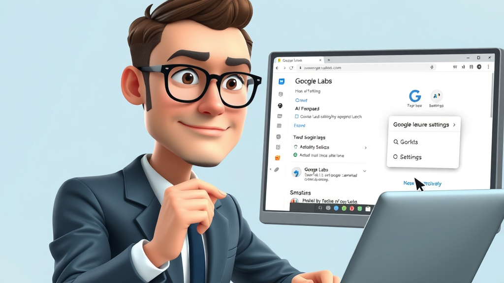 Tech-savvy business user enabling AI features on Google Search settings, desktop screen with Google Labs opt-in. Animated interface in blues and greys.