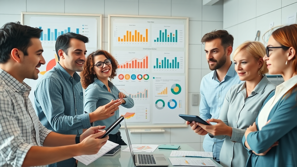 Modern marketing team developing omnichannel content strategies with digital tools for Google AI Overviews. Creative studio with charts and futuristic UI.