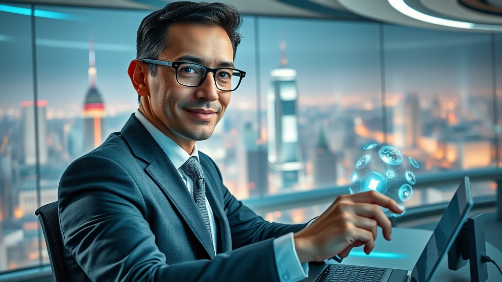 Inspired professional using generative AI tools for Google AI Overviews across devices in a futuristic workspace.