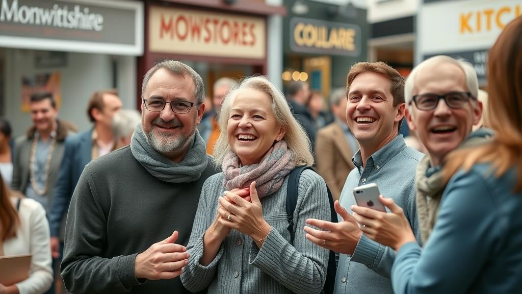 Inspiring local business owners engaging at a bustling Monmouthshire high street event, shaping local businesses through community engagement, monmouthshiremedia.com perspective