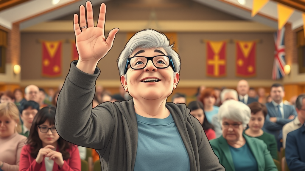 Empowered Monmouthshire resident raising hand in a town hall, symbolizing the influence of community voices on monmouthshiremedia.com