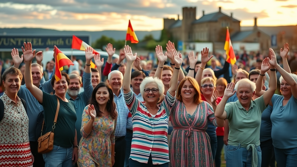 Inspirational Monmouthshire community group gathered outside a local venue, illustrating the collective strength of local voices and businesses