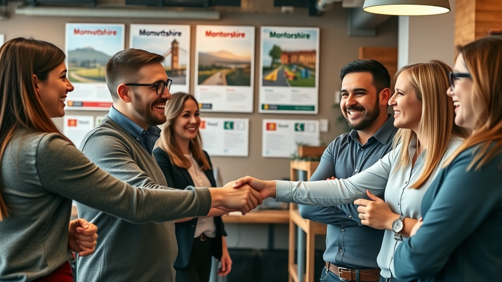 Local business owners networking through monmouthshiremedia.com your voice, shaking hands and fostering partnerships at a coworking space.