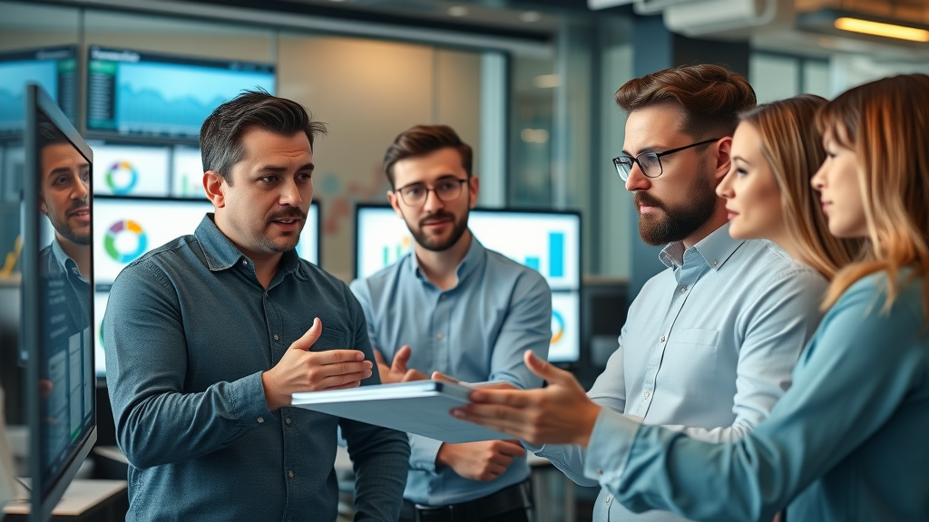 home service contractors analyzing website conversion statistics together in a modern office