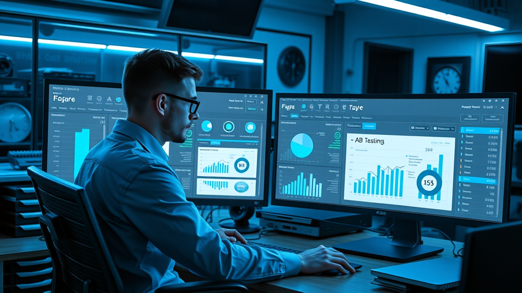marketer comparing analytics and A/B test results for website conversion on split screens