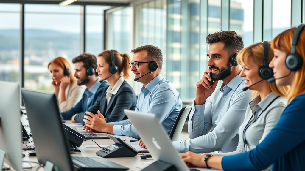 business voice in caldicot vibrant bustling business office diverse team using phone systems and VoIP devices in Caldicot business park