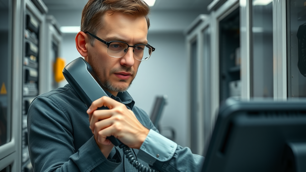 telephone engineer in Caldicot adjusting modern business phone equipment, office server room