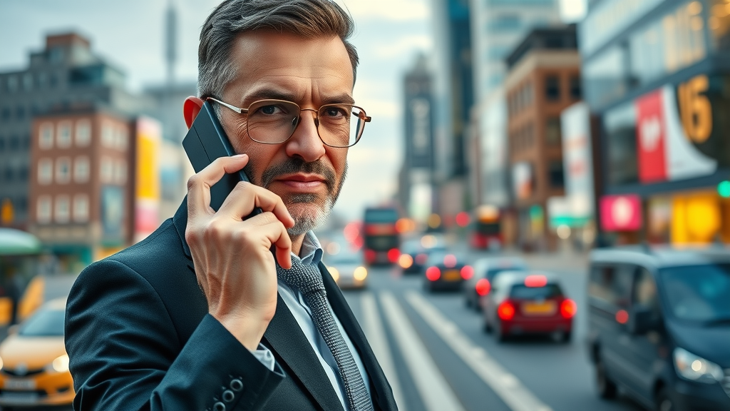 forward-thinking business owner in Caldicot confidently making a phone call with cityscape in background
