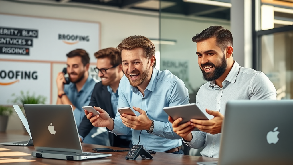 dynamic roofing company office, team of professionals evaluating incoming phone leads, engaging with digital devices, ringing phone, business profile, google business profile, call tracking, call data, phone leads, call history, local search