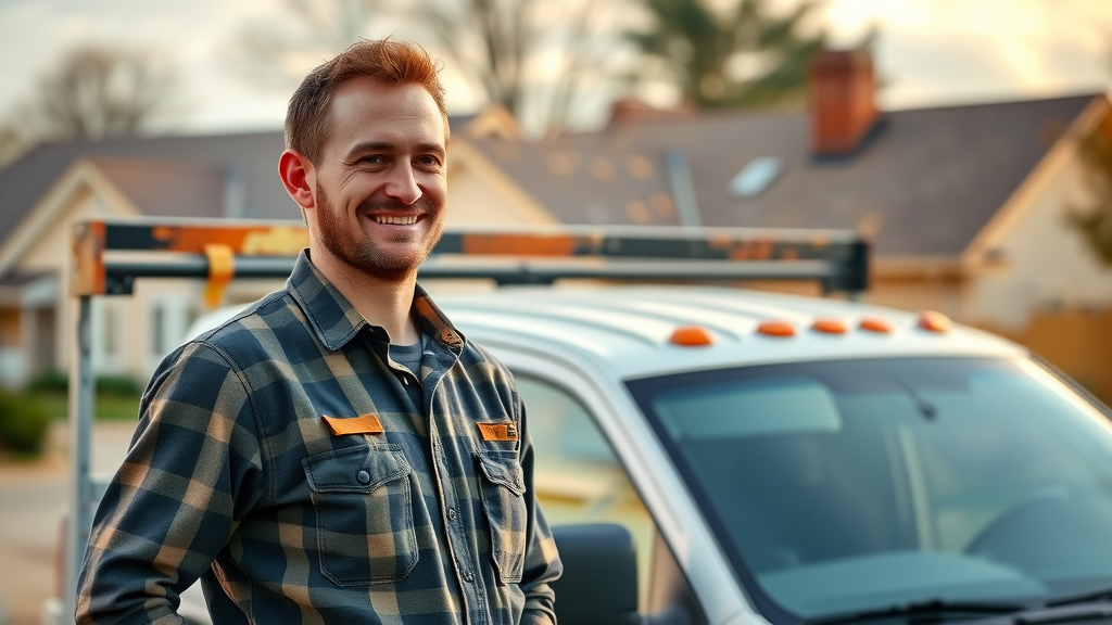 optimistic roofing contractor standing by work truck, satisfied, talking on mobile phone, business profile, phone calls, call tracking, google business profile, phone lead, call history