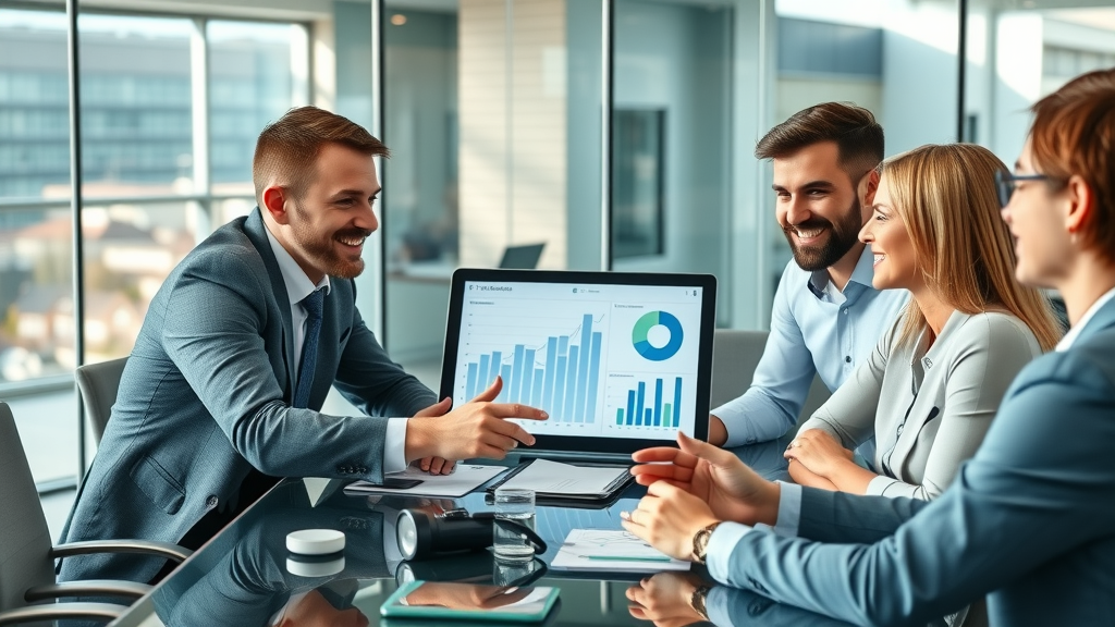 business voice in chepstow and monmouthshire: professional business team discussing phone system statistics in Chepstow office