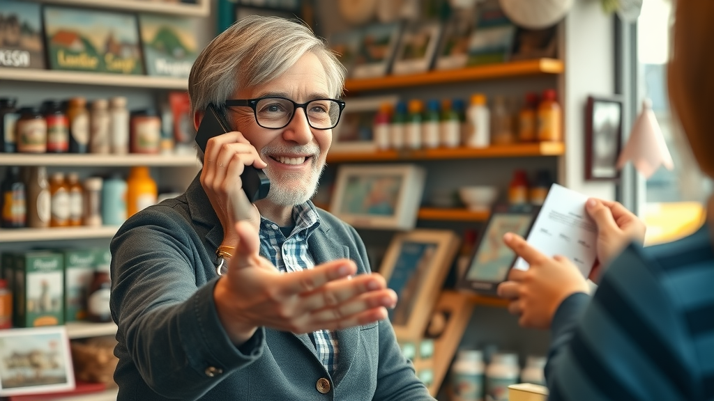 chepstow and monmouthshire business voice: local shop owner using business phone system and engaging with a customer