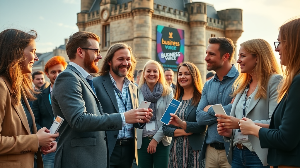 business voice in chepstow and monmouthshire: local entrepreneurs networking, exchanging phone numbers and business voice strategies