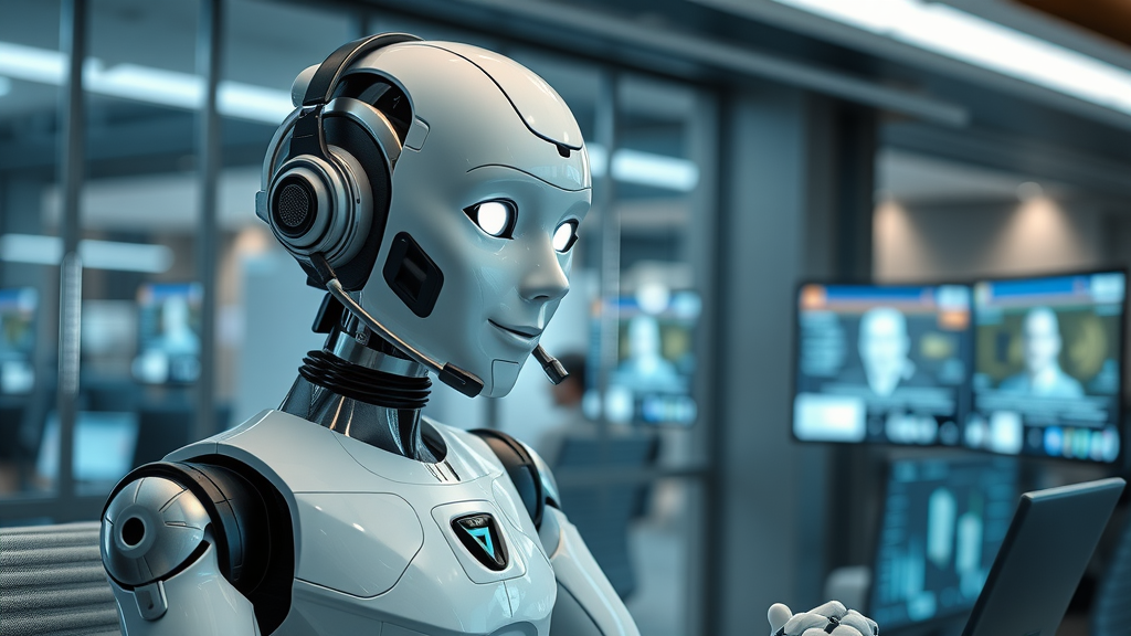 AI phone agent with headset assisting customers—modern call center environment