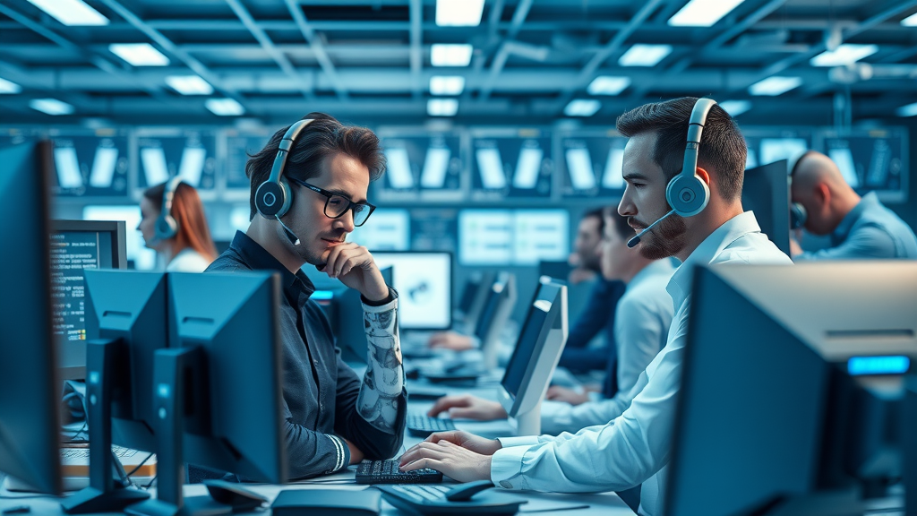 AI-powered call center blending human and AI agents—efficient team environment