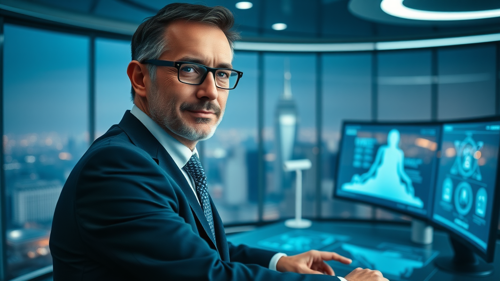 Business leader selecting AI sales agent platform—digital dashboard in futuristic boardroom