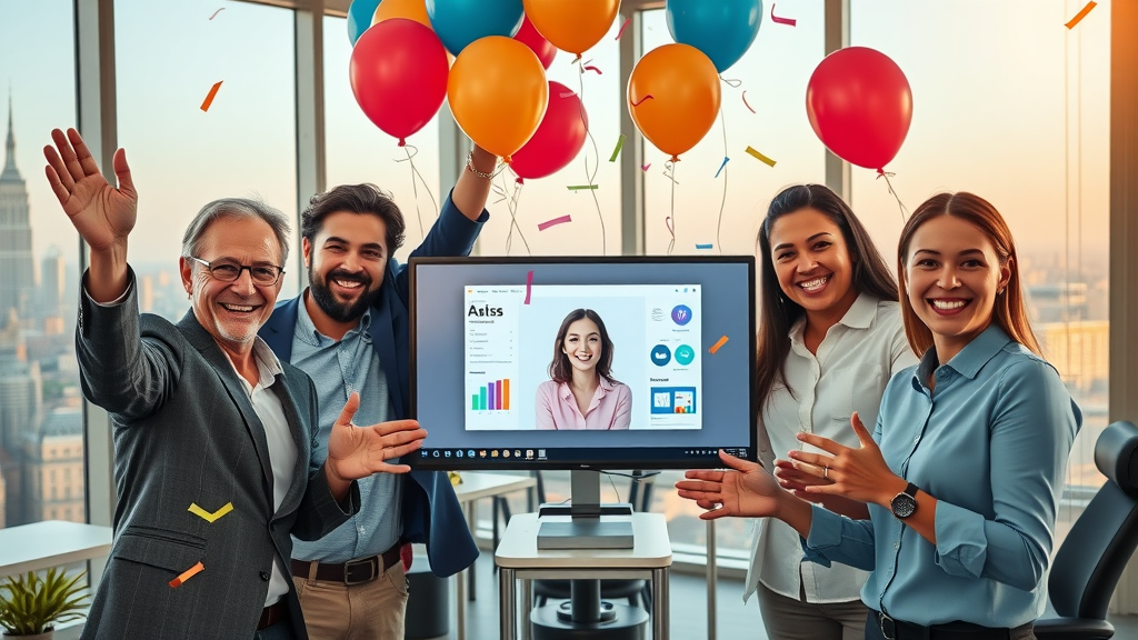 Sales team celebrating AI-powered success—AI assistant on screen in upscale office