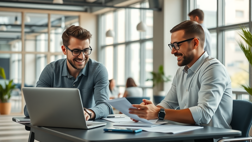 Entrepreneurs collaborating over laptops using AI for small business, modern workspace, natural daylight, AI icons subtly included