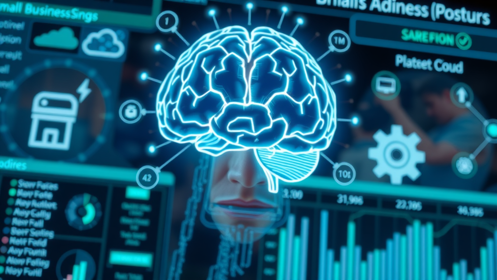 Infographic showing AI brain with small business icons, illustrating the foundation of artificial intelligence for small businesses