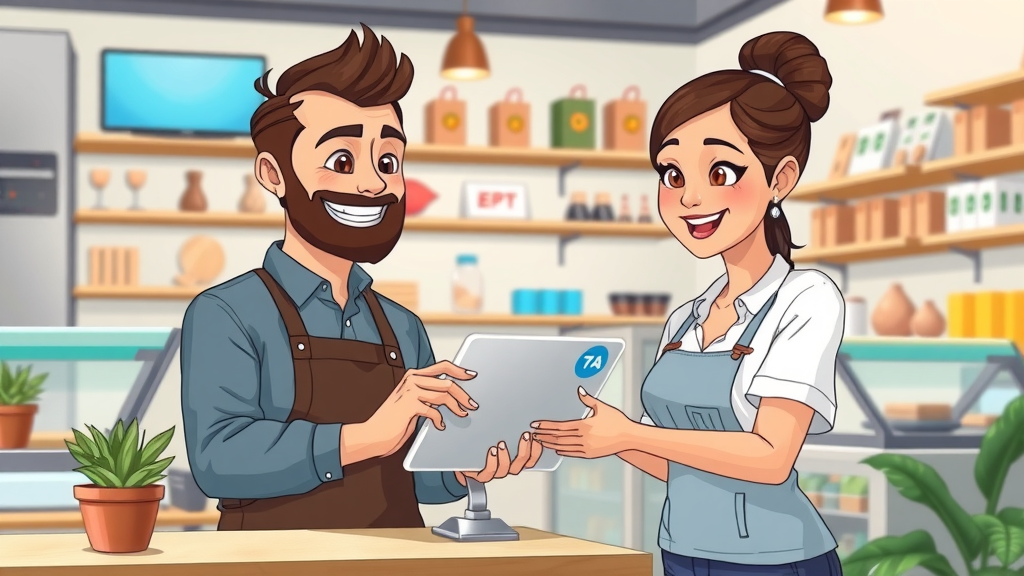 Friendly AI chatbot assisting small business owner and customer in store, using AI for small business customer service