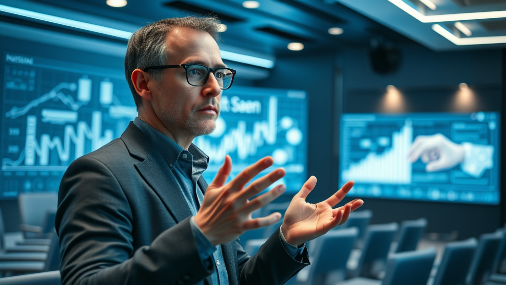 Confident AI expert sharing insights on generative AI and small business future trends, digital screen in high-tech seminar room