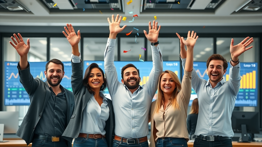 Optimistic small business team celebrating success with digital growth metrics, showing results of adopting AI for small business