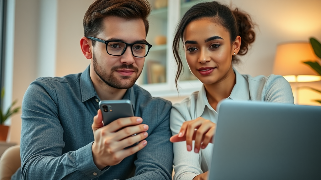 video call young professionals watching explainer video and reaching for phone