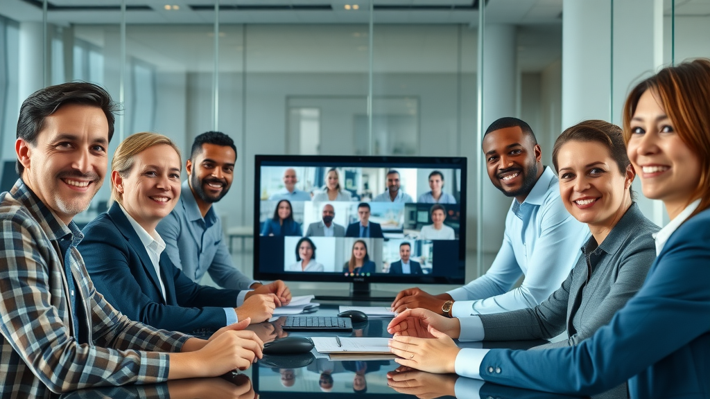 interactive video diverse executive team engaging in high-tech interactive video call