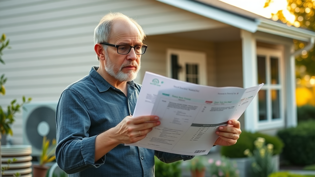 modern suburban home exterior, worried homeowner reviewing energy bills, holding documents, HVAC outdoor unit in background, lush landscaping