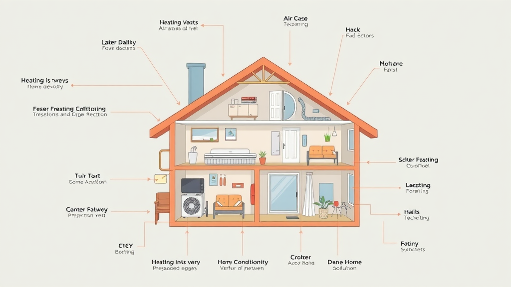 detailed diagram of an HVAC system, clear labeling of heating, ventilation, air conditioning components, airflow arrows, cross-section of home, clean technical schematic