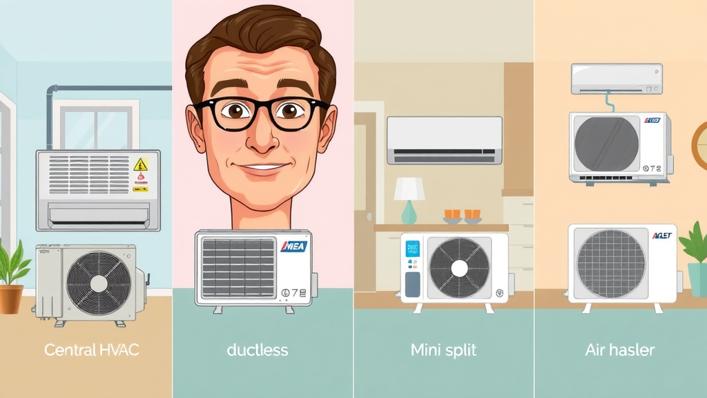 comparison of four main HVAC systems: central HVAC, ductless mini-split, heat pump, air handler, labeled graphics, split-panel illustration, colored lines clarifying types