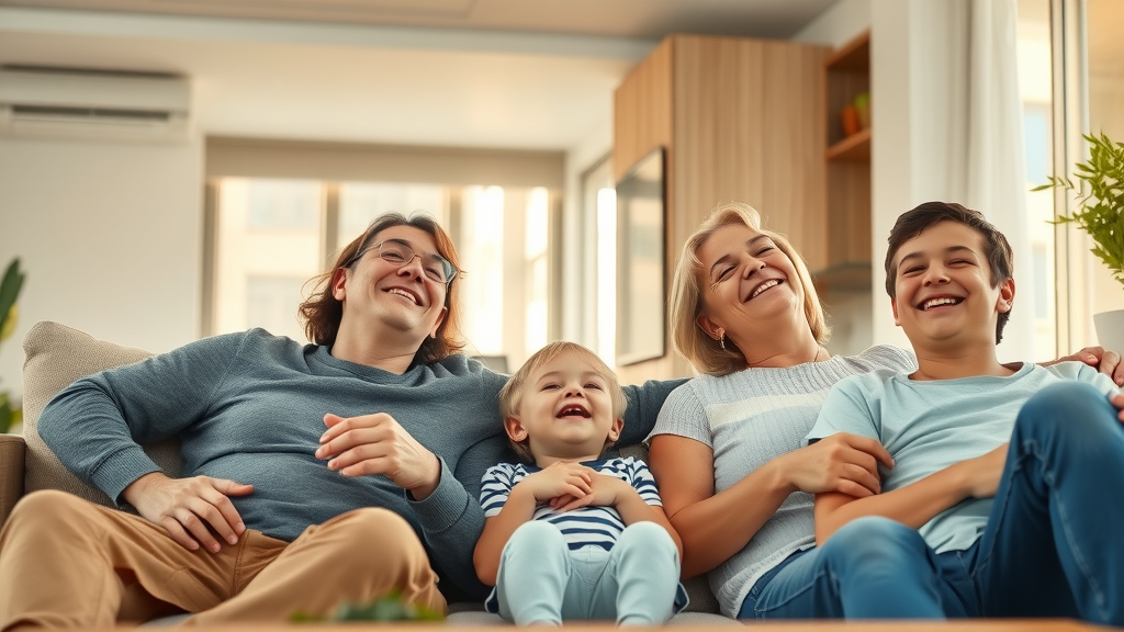 family relaxing indoors, breathing clean air, modern living room with air vents, sunlight illuminating dust-free air, visible airflow particles