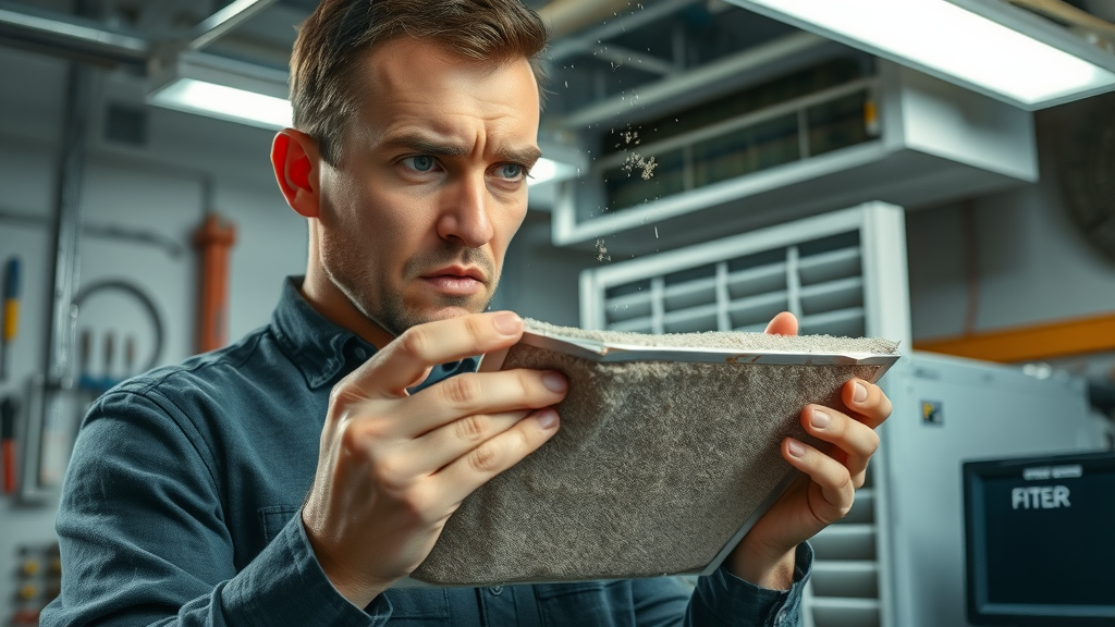 frustrated technician examining dirty air filter, removing clogged filter from HVAC unit, mechanical room background, dust particles visible