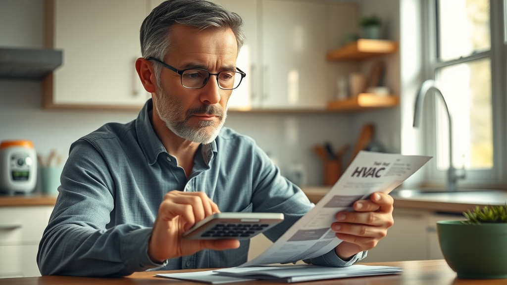 thoughtful homeowner calculating HVAC and AC expenses, reviewing calculator and bills at kitchen table, HVAC brochure visible