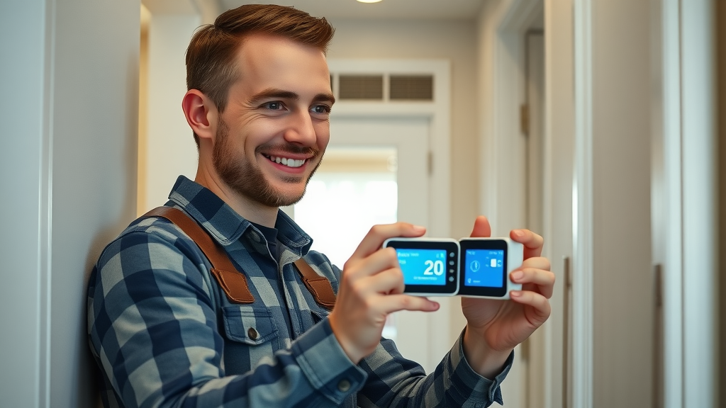 friendly HVAC technician adjusting modern smart thermostat, contemporary home hallway, HVAC vent visible