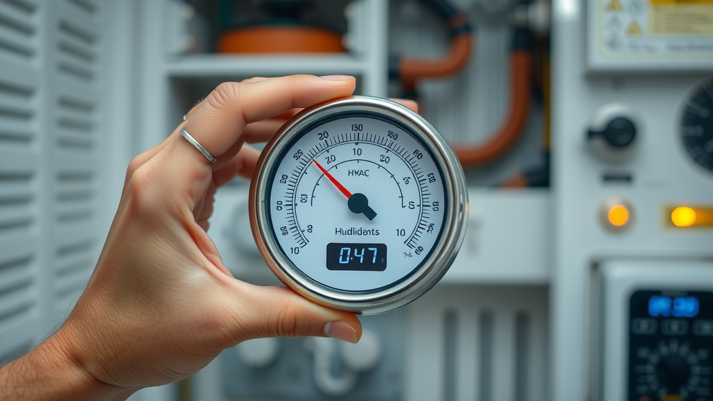 modern HVAC humidity control gauge, measuring humidity levels, clean home mechanical room background, steam illustrating humidity control