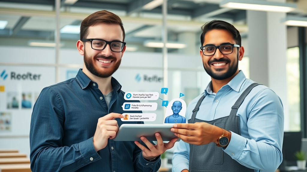 dynamic business team of roofers engaging with an AI chatbot interface on a digital tablet, bright modern office, roofing sales automation, real-time notifications