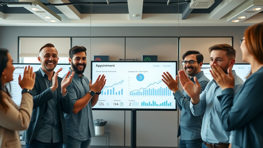triumphant roofing sales team celebrating appointment growth on analytics dashboard, appointment booking success with AI chatbot scheduling