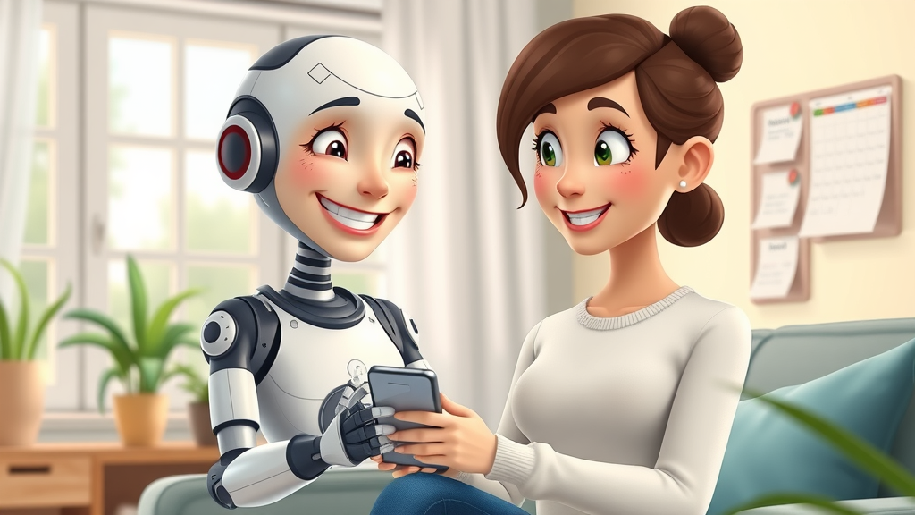 engaging AI assistant character with a warm smile assisting a homeowner with appointment booking, digital communication for roofing companies, customer experience