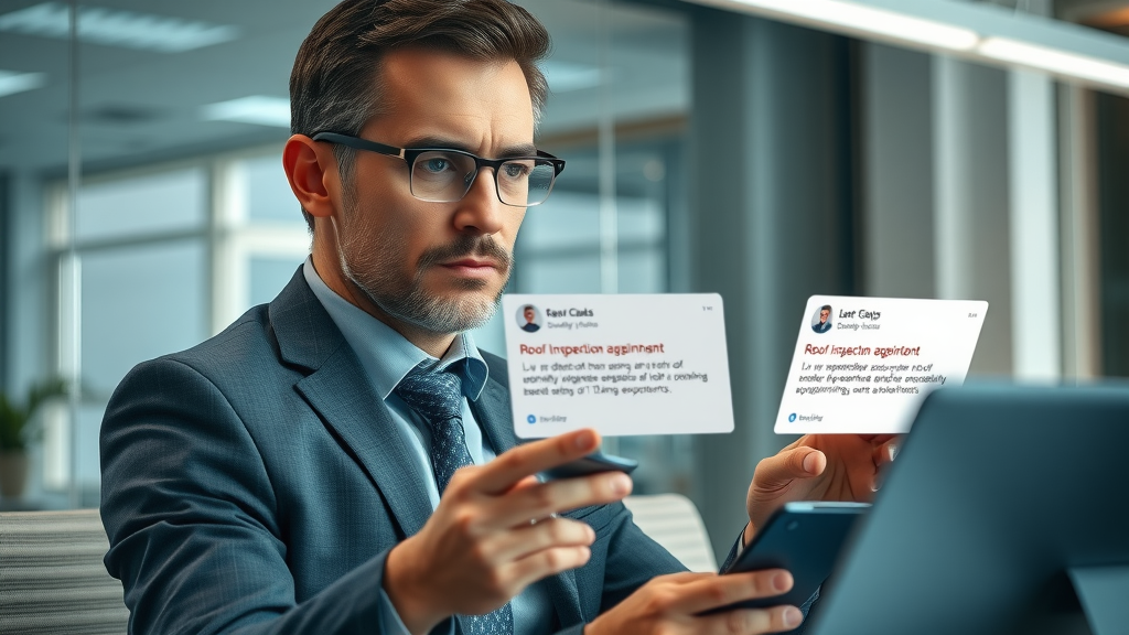 sales executive reviewing AI-generated automated reminder notifications for roofing inspection appointments, reducing no-shows with AI scheduling assistant