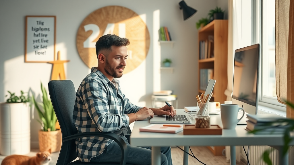 Cozy, efficient home workspace setup for remote jobs and work from home business, organized supplies and sunlight