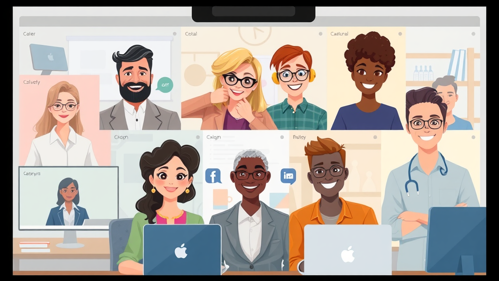 Diverse group of remote professionals in home jobs, collaborating via video call in digital workspace