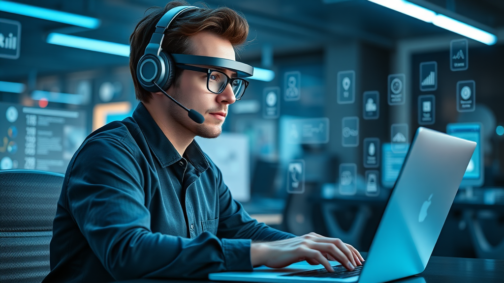 Display of advanced remote work tools for work from home, focused professional using headset and laptop