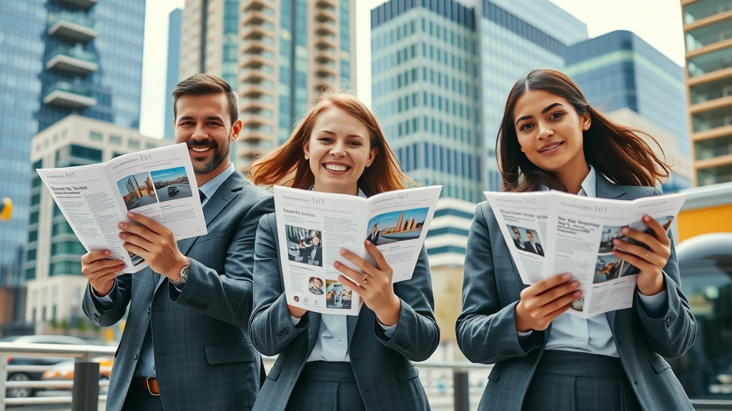 Vivid Toronto cityscape with business professionals holding premium printed marketing materials, digital printing services in Toronto, urban commercial district setting.