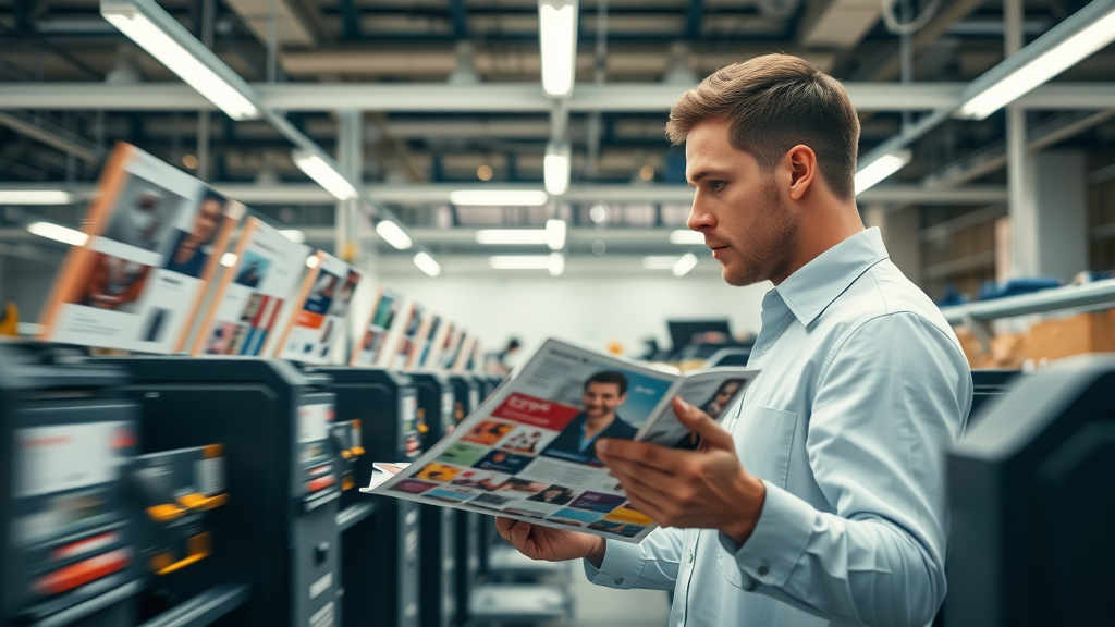 Toronto print shop technician comparing digital and offset printing machines side by side, digital print feature comparison.