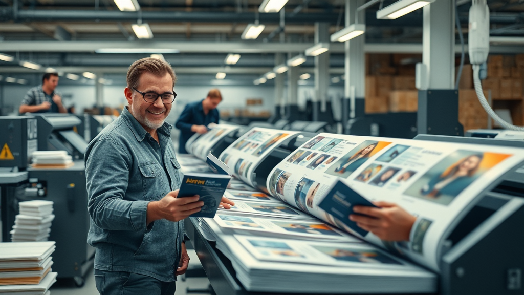 Toronto print shop production area with workers overseeing glossy brochures and banners, digital printing services in Toronto.