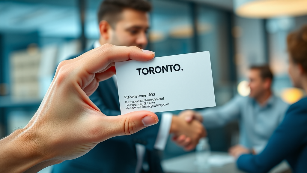 Toronto entrepreneur presenting high-end business card, digital printing services in Toronto for first impressions.