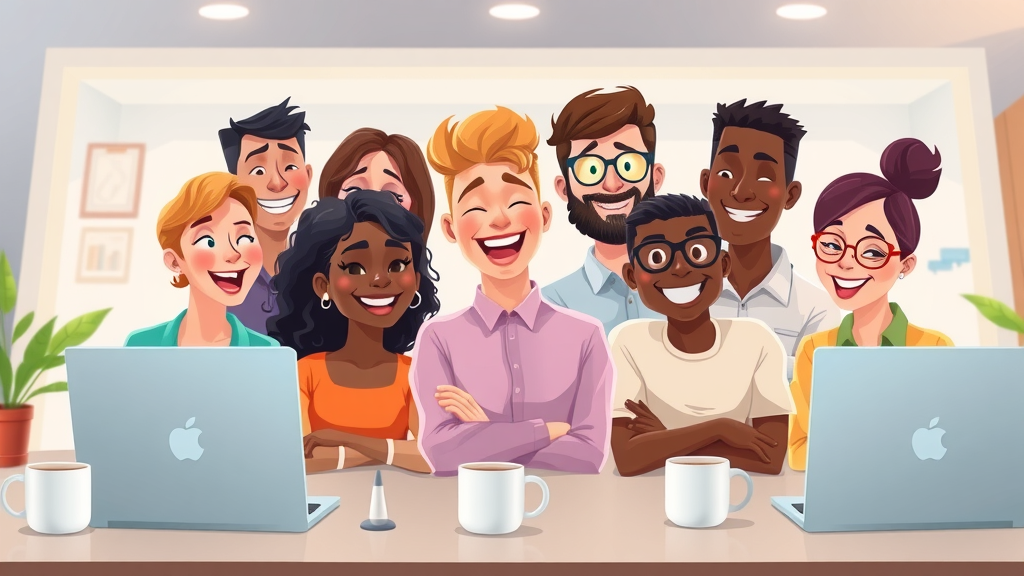Remote job team collaborating virtually with joyful expressions via video call work from home