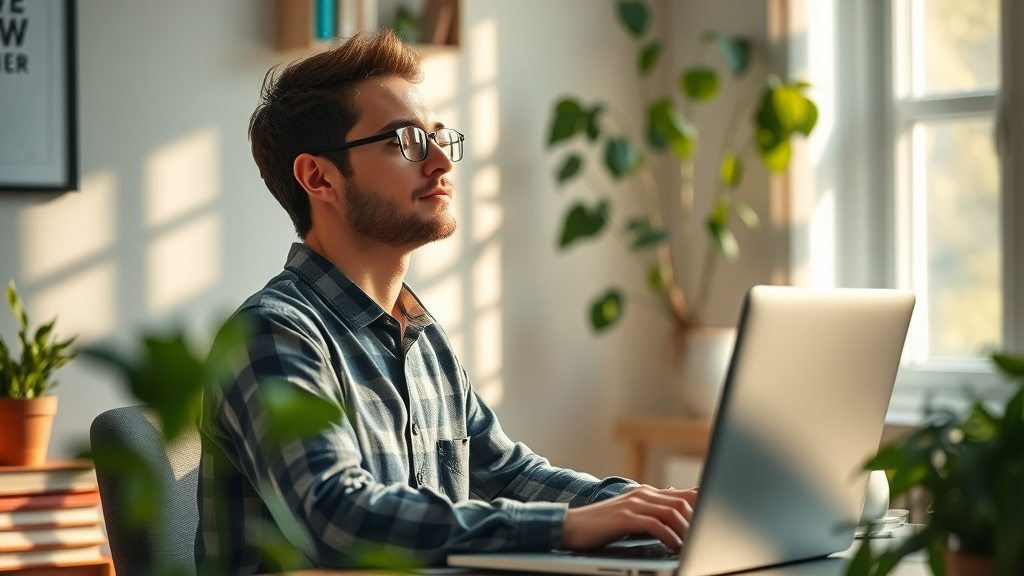 remote work from home professional meditating in tranquil home office to balance work and personal well-being