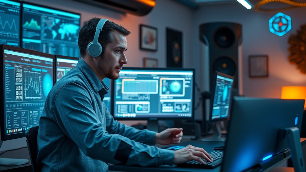 remote work from home tools and software set up on a high-tech digital desk with multiple screens